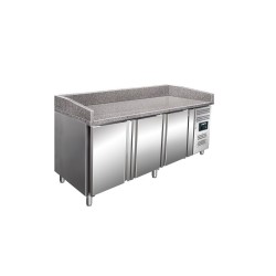 Table à Pizza Réfrigérée 3 Portes 600 x 400 mm-dessut granit | Meuble Pizza Professionnel
