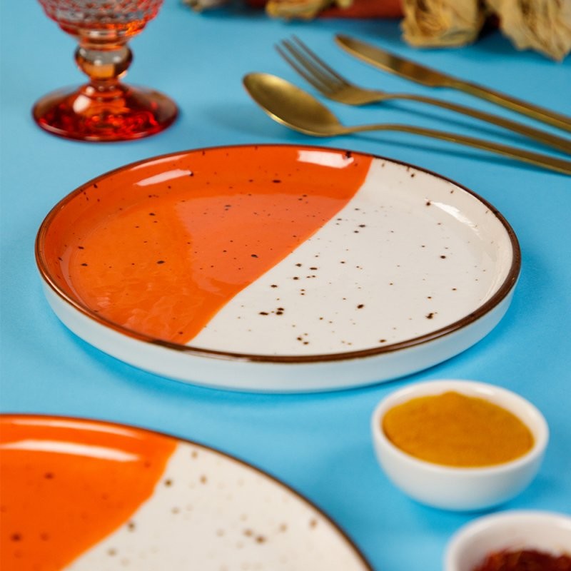 6 ASSIETTES PLATES BORDS DROITS 21 CM HELIOS BLANC IVOIRE & ORANGE