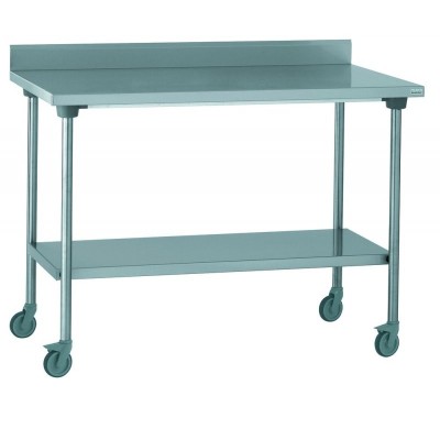 TABLE ADOSSEE INOX AVEC ROULETTES ET ETAGERE 1800X700X900MM