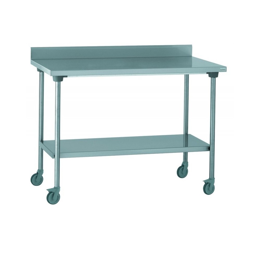 TABLE ADOSSEE INOX AVEC ROULETTES ET ETAGERE 1400X700X900MM